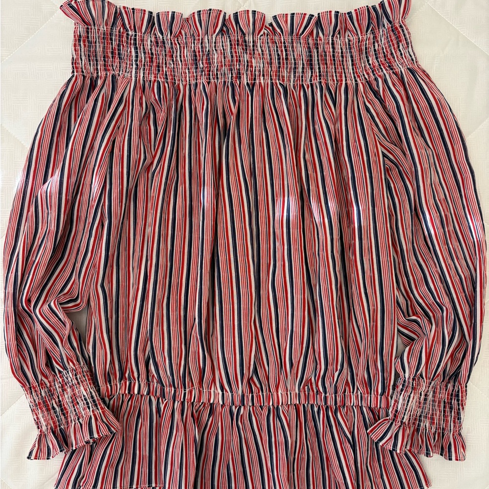 Patriotic Off Shoulder Top Red White Blue Striped Smocked Blouse 4th of July M